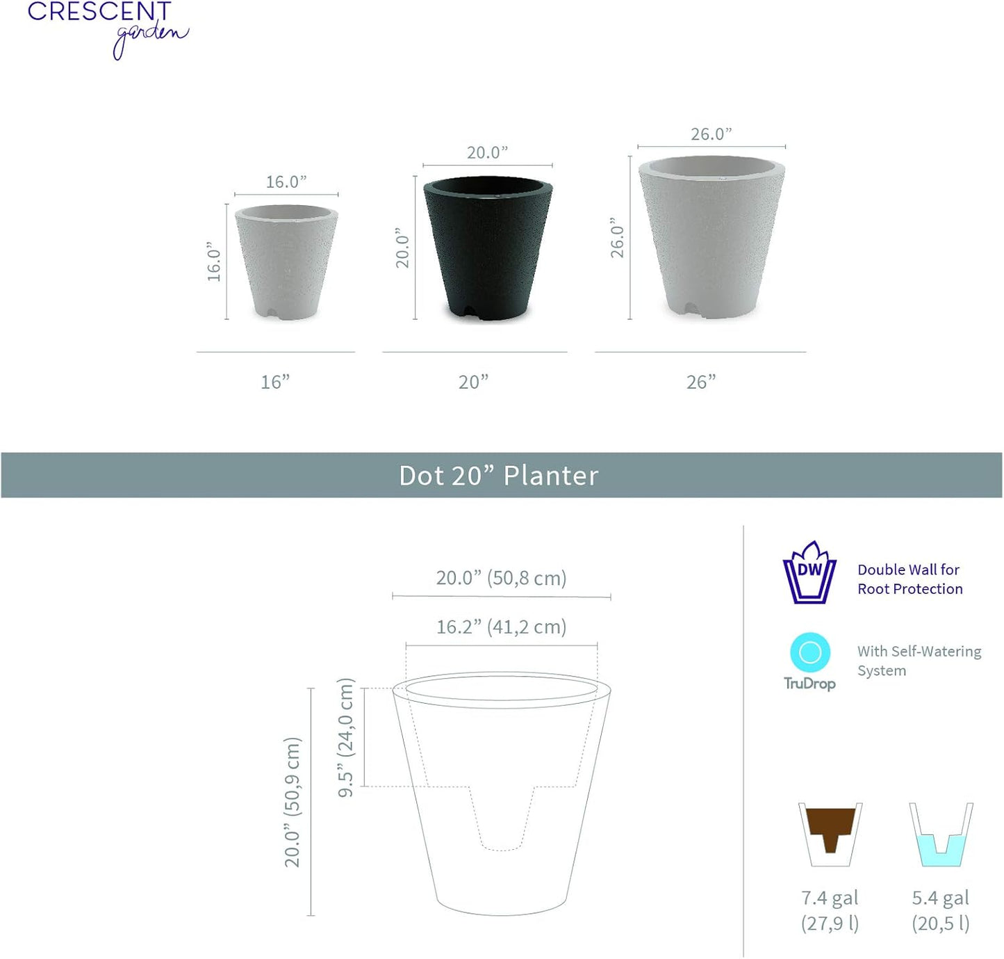 Crescent Garden Dot TruDrop Indoor/Outdoor Planter, Self-Watering Plant Pot, 20 Inches, (Ash)