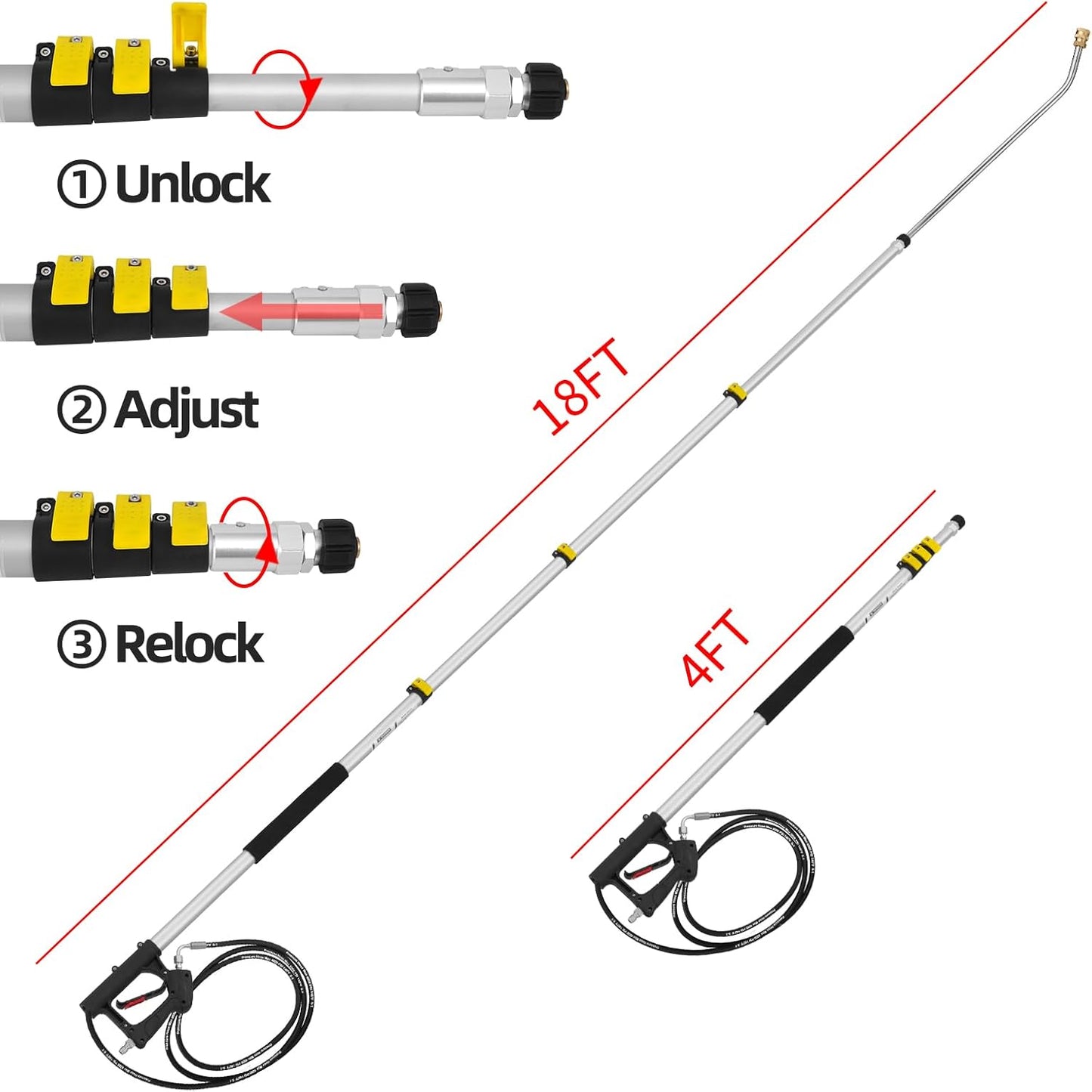 18 FT Telescoping Pressure Washer Wand with Power Washer Extension Wand, Gutter Cleaner Attachment, 5 Spray Nozzle Tips and 2 Hose Inlet Adapters