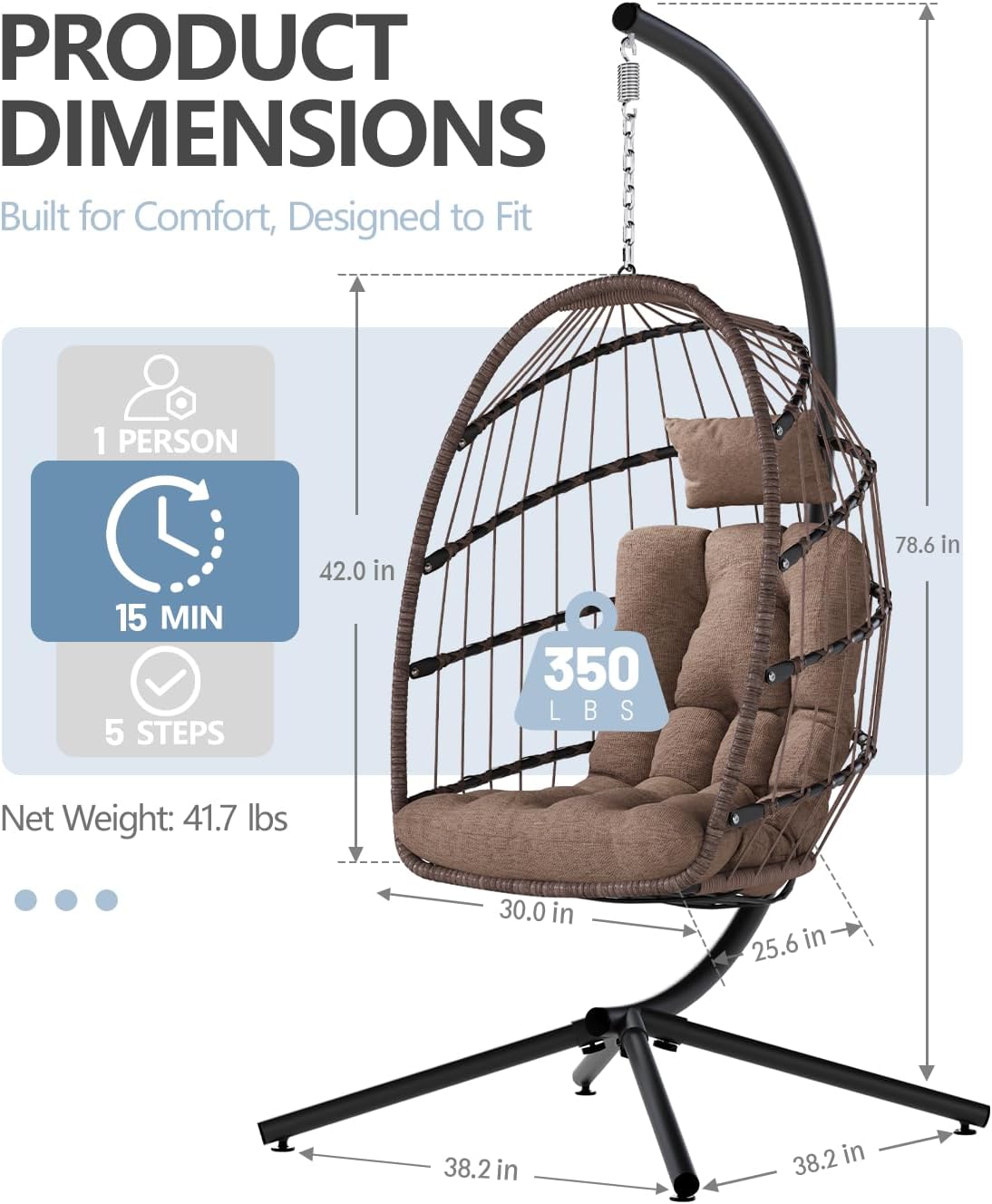 SWITTE Egg Chair Outdoor with Stand, Indoor Wicker Hanging Egg Swing Chair with Cushion, 350lbs Capacity for Patio, Bedroom, Garden - Brown