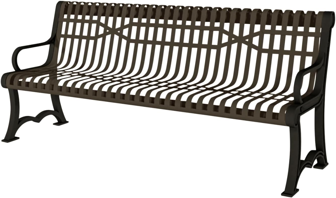 Coated Outdoor Furniture Heavy-Duty Outdoor Bench Thermoplastic Coated, Slatted Steel, Commercial-Grade Garden Bench, Made in America (Portable with Back, 4 Ft, Textured Brown)