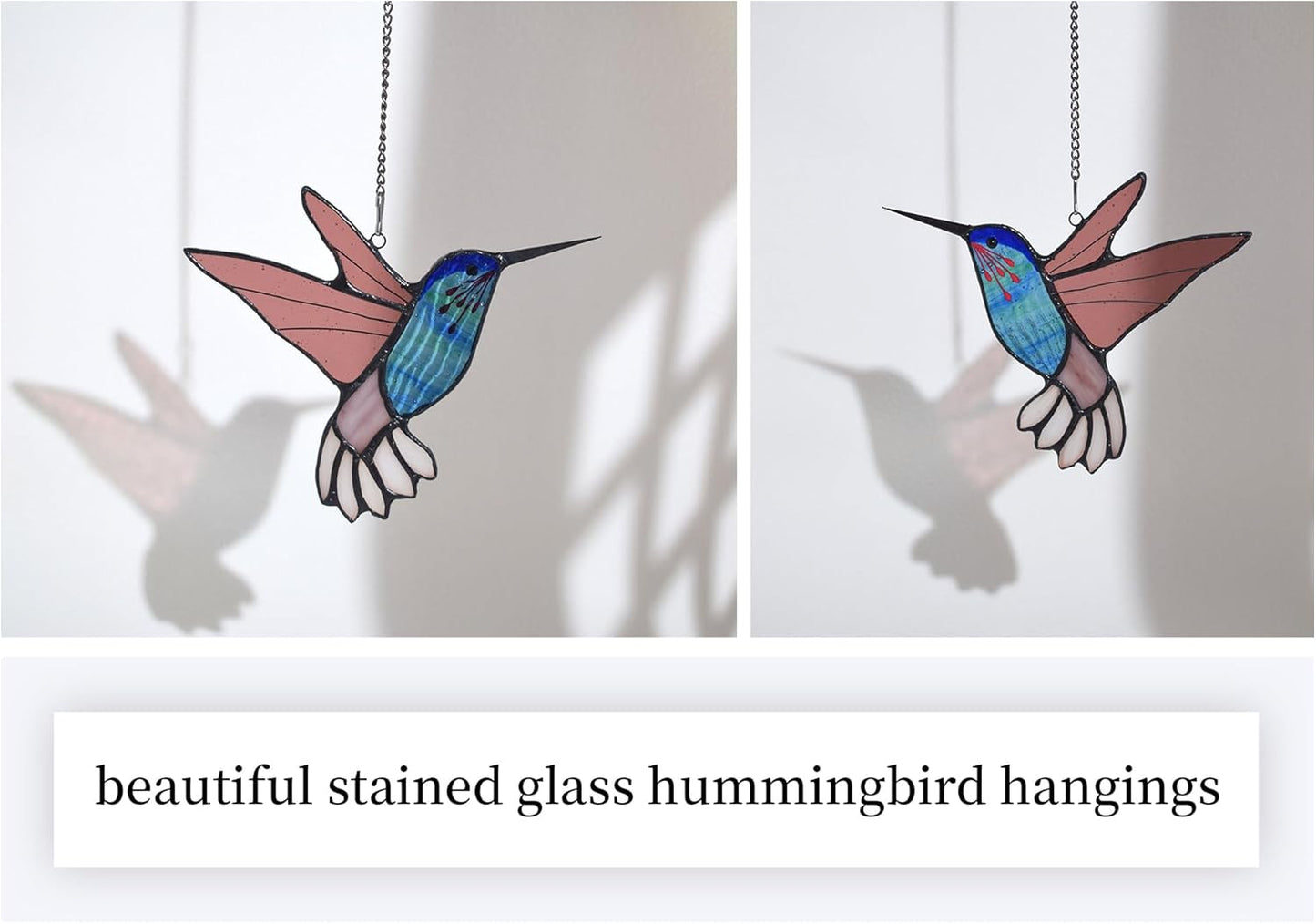 Lolitarcrafts Stained Glass Hummingbird Window Hangings with Flowers, Bird Stained Glass Suncatcher for Window Decor Hummingbird Gifts for Mom,Bird Lovers (Blue B)