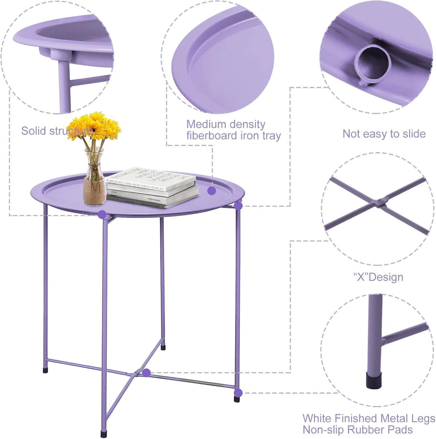 Garden 4 you End Table Metal Side Table Purple Round Folding Tray Cyan Sofa Small Accent Fold-able Table, Round End Table Tray, Next to Sofa Table, Snack Table for Living Room and Bed Room