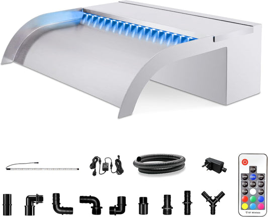 LONGRUN Pool Fountain Stainless Steel Outdoor Pond Spillway Waterfall with Wider Water Flow Platform Multi-Color LED Light Spray Indoor Waterfall Fountains for Garden-11.8"