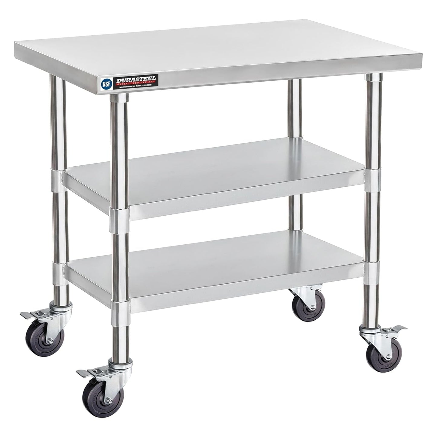 DuraSteel Stainless Steel Work Table 24" x 36" x 34" Height w/ 4 Caster Wheels - Food Prep Commercial Grade Worktable - NSF Certified - Good for Restaurant, Business, Warehouse, Home, Kitchen, Garage