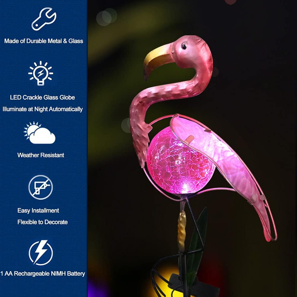 Bright Zeal 14" Big Metal Outdoor Solar Lights Waterproof Flamingo Garden LED Stake Light - Solar Pink Flamingos Yard Ornaments - Stake Lights Yard Decor Metal Yard Art