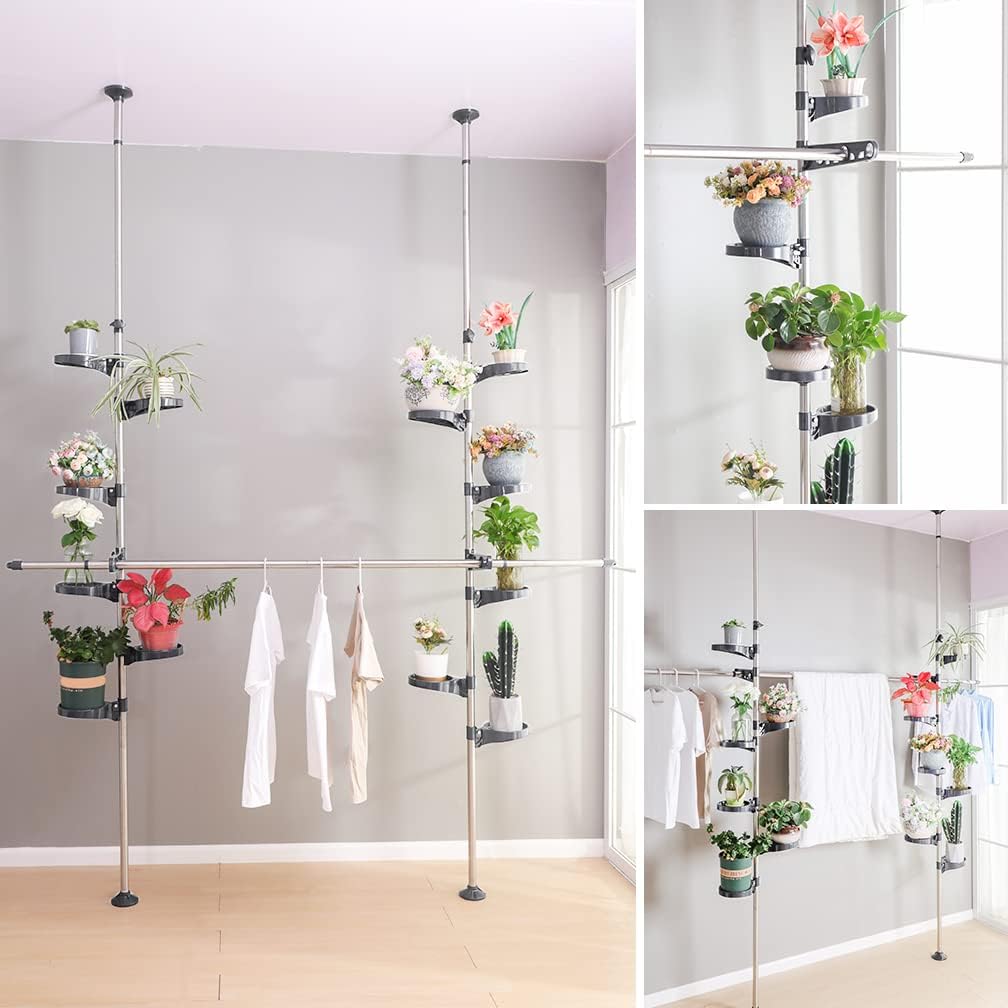 Hershii Expandable Plant Stand Double Tension Poles Holder Indoor Metal Flower Display Racks Floor to Ceiling Tall Decorative Storage Shelf with 12 Trays, 2 Arms & 1 Hanging Rod - Grey