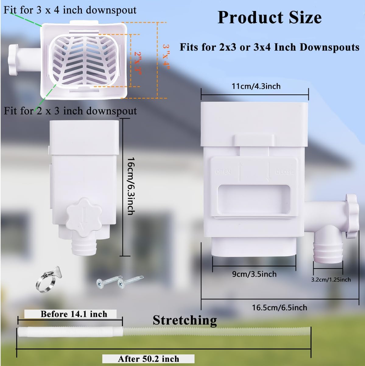 Rain Barrel Diverter Kit, Downspout Diverter Fits for 2x3 or 3x4 Inch Gutter Downspouts, Rainwater Collection System with Adjustable Valve and Filter - Brown