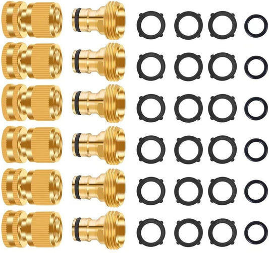 Garden Hose Quick Connector, No-Leak 3/4 Inch GHT Thread Fitting Water Hose Female Adapter and Male Adapter, Heavy-Duty Rust Resistant Brass Water Pipe Connect, Easy to Use (6 Pack ）