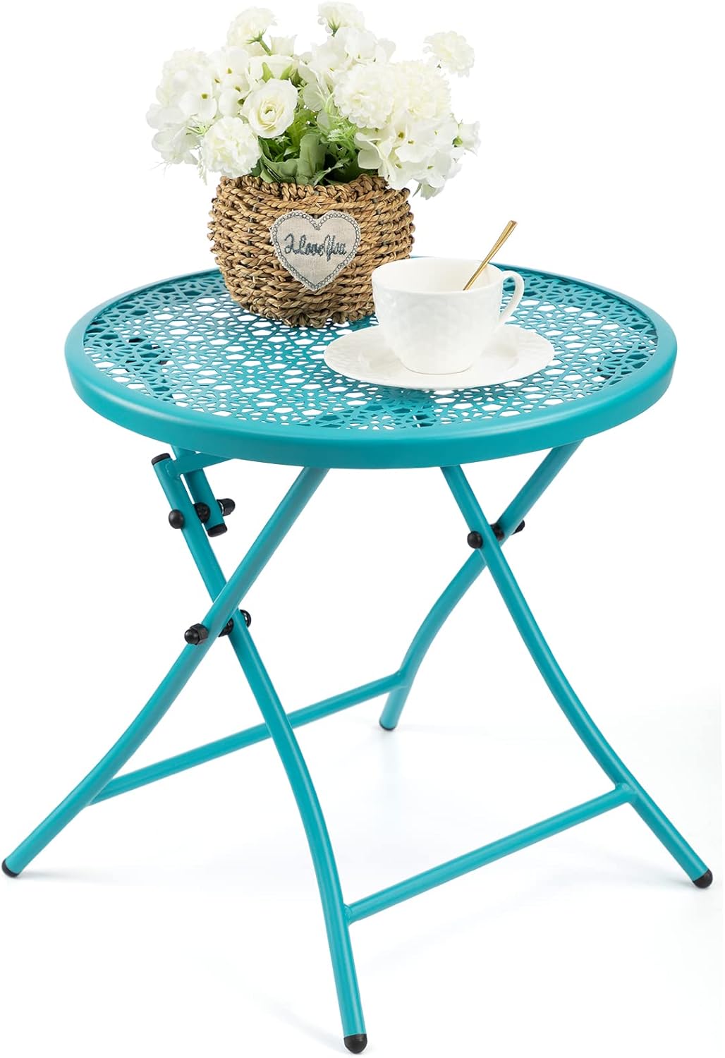 TeoKJ Folding Outdoor Side Tables, Anti Rust Small Patio Table Round Metal Nightstand with Flower Cutouts for Porch Yard Balcony Deck Lawn, Blue