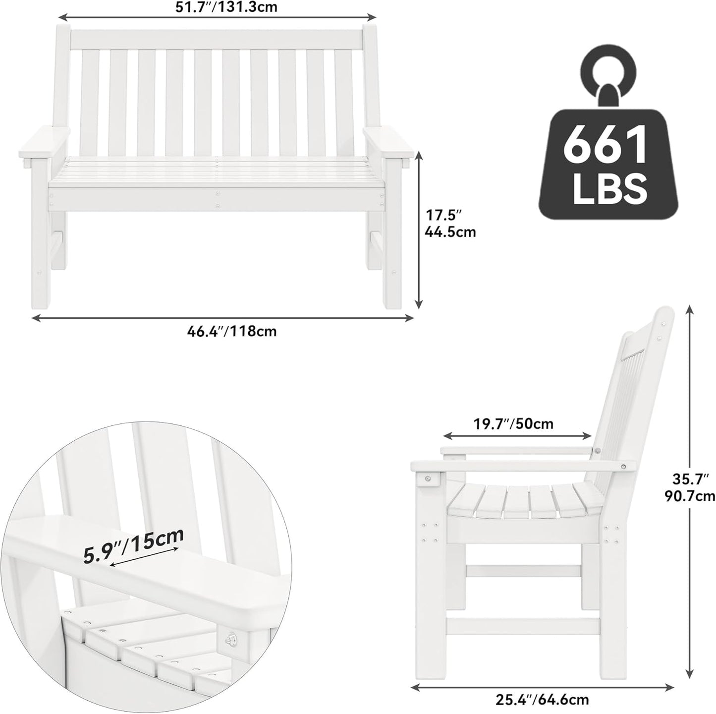YITAHOME Garden Bench, All Weather Outdoor Bench for 2-3 Persons, Fade/Rot Resistance Patio Benches for Park, Porch, Patio & Backyard (White)