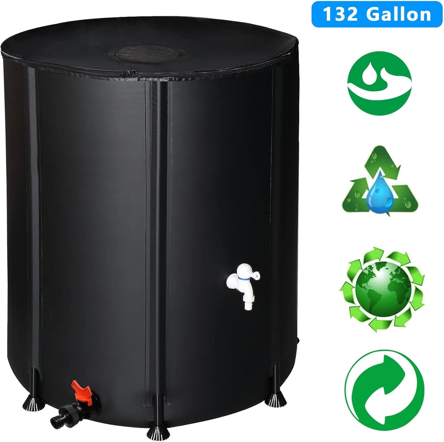 132 Gallon Collapsible Rain Barrel, Water Storage Tank, Portable Rainwater Collection System, Rain Catcher Barrel with Two Spigots and Overflow Kit, Rain Water Barrel Collector for Garden, Black