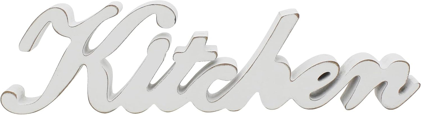 CVHOMEDECO. Rustic Vintage Distressed White Wooden Words Sign Free Standing "Kitchen" Desk/Table/Shelf/Door/Home Wall Decoration Art, 15-1/2 x 4-1/4 x 1 Inch