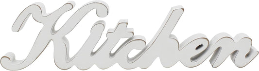 CVHOMEDECO. Rustic Vintage Distressed White Wooden Words Sign Free Standing "Kitchen" Desk/Table/Shelf/Door/Home Wall Decoration Art, 15-1/2 x 4-1/4 x 1 Inch