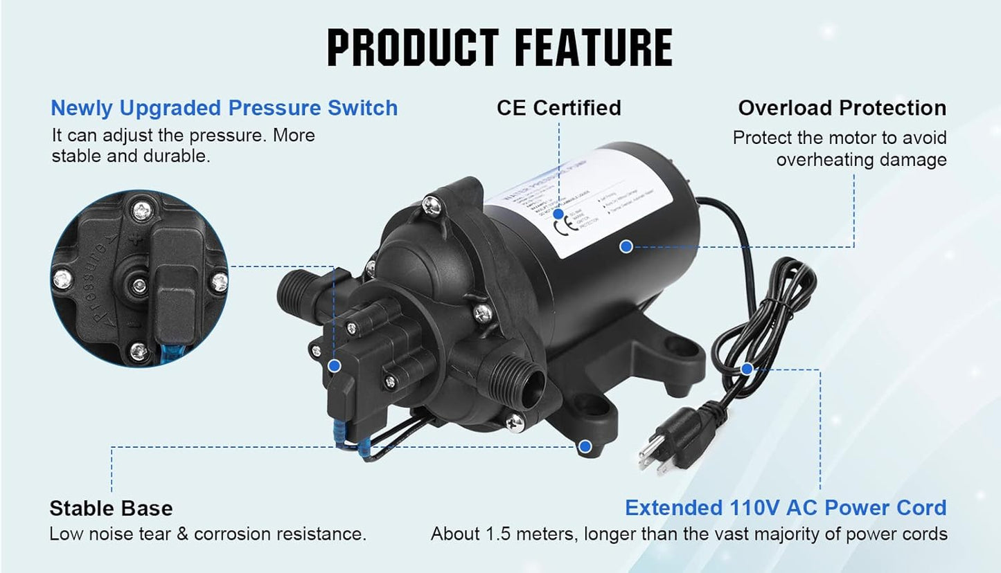 ECO-WORTHY 33-Series Water Pressure Diaphragm Pump Industrial 110V AC 4.0GPM Flow 50PSI Rated Pressure Self Priming RV Fresh Water Pump for Camper Kitchen Bathroom Marine Yacht Caravan