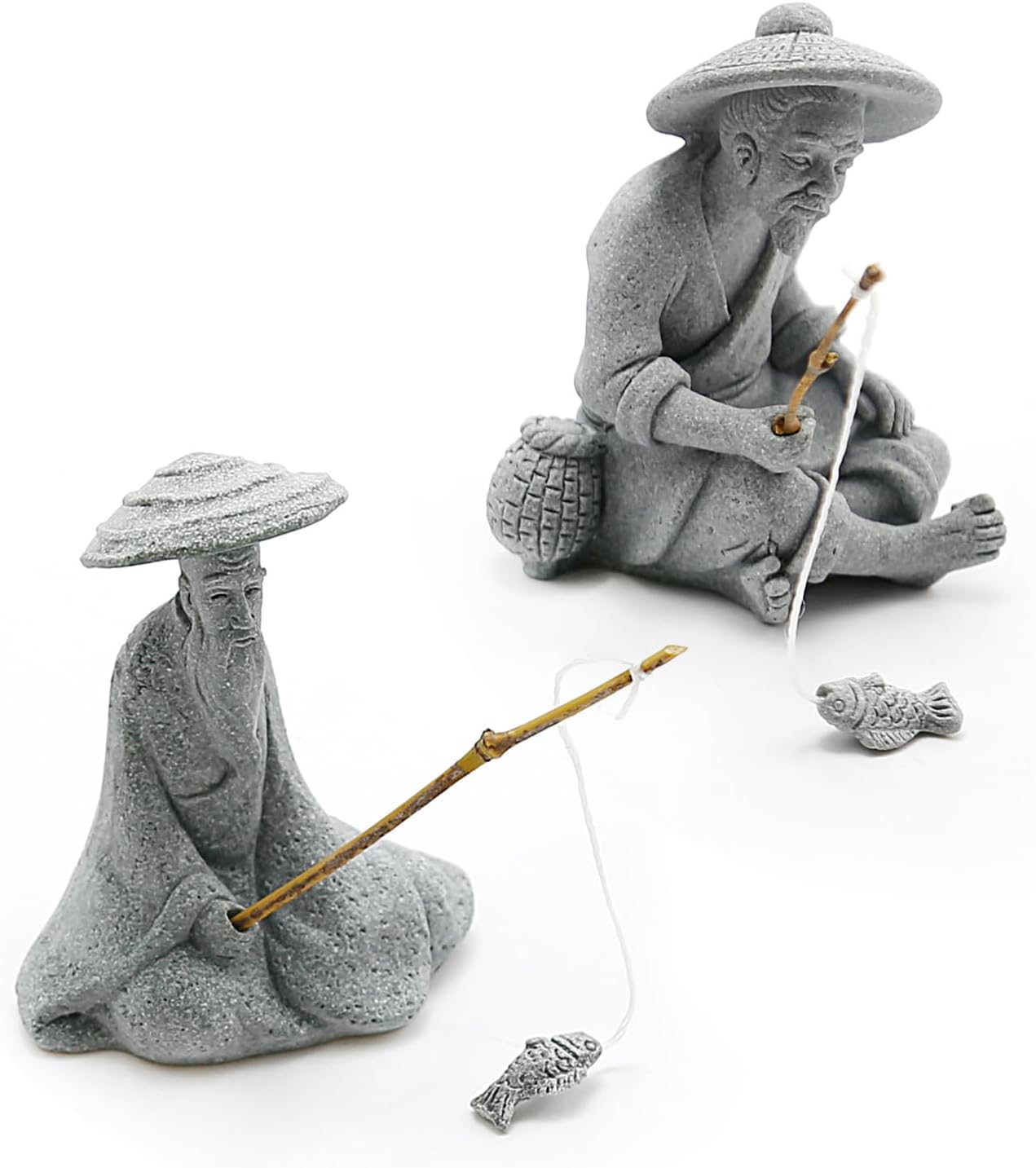 2PCS Sitting Fishing Figurines Sandstone Vintage Ornament Japanese Decor for Fish Tank Pot Garden Home Aquarium Mini Fisherman Statue Asian Zen Decoration
