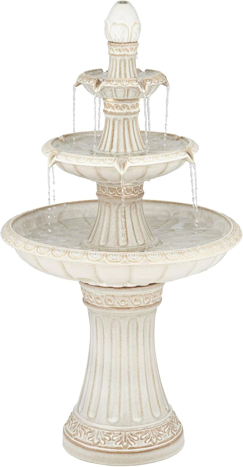 Formentera 45 1/4" High Large Italian Outdoor Decor Off-White Ceramic Floor Fountain with Light LED Waterfall 3-Tier Standing Water Feature for Outside Garden Patio Yard Backyard - John Timberland