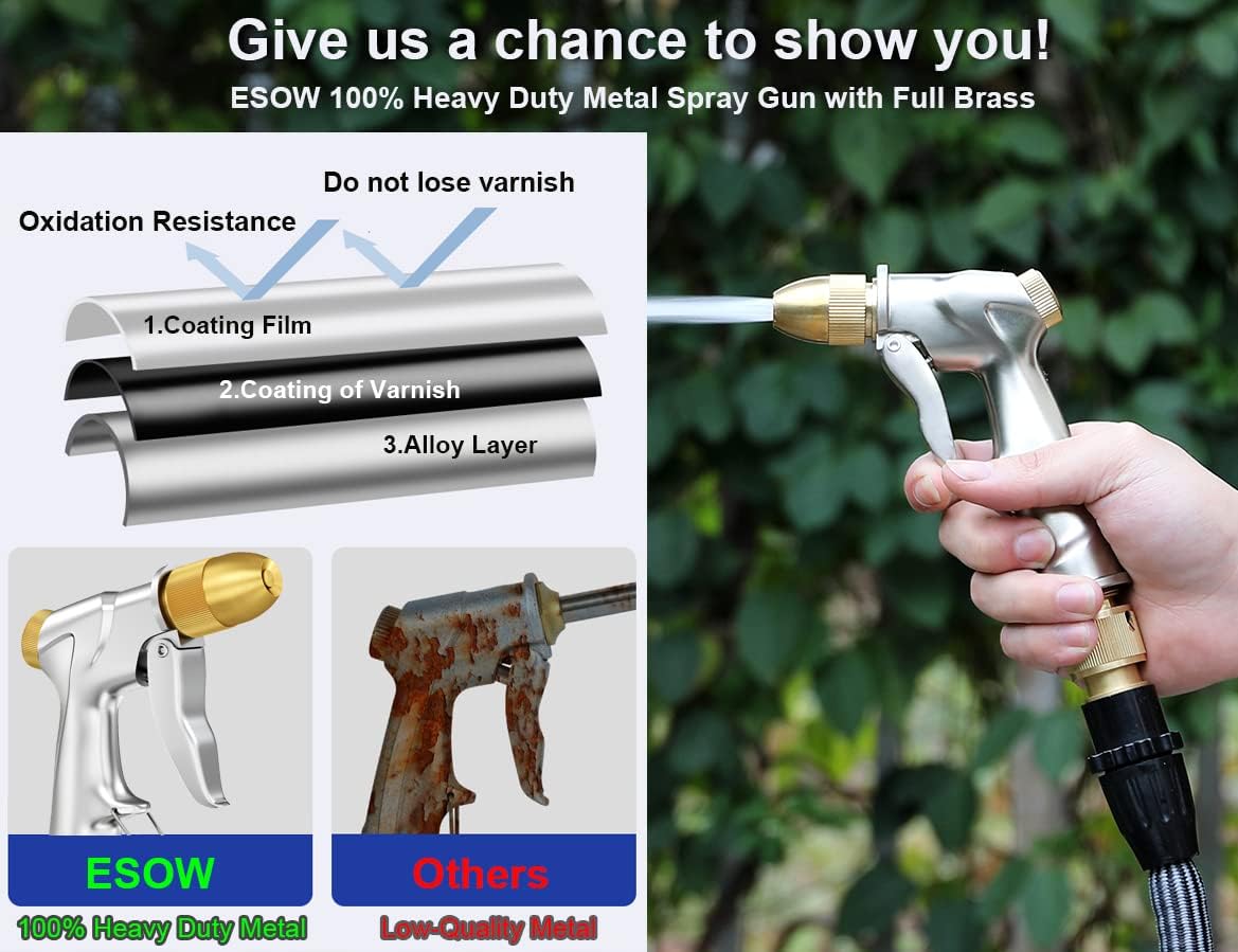 ESOW Garden Hose Nozzle, 100% Heavy Duty Metal Spray Gun with Full Brass Nozzle, 4 Watering Patterns Watering Nozzle- High Pressure Pistol Grip Sprayer for Watering Plants, Car Wash and Showering Dog