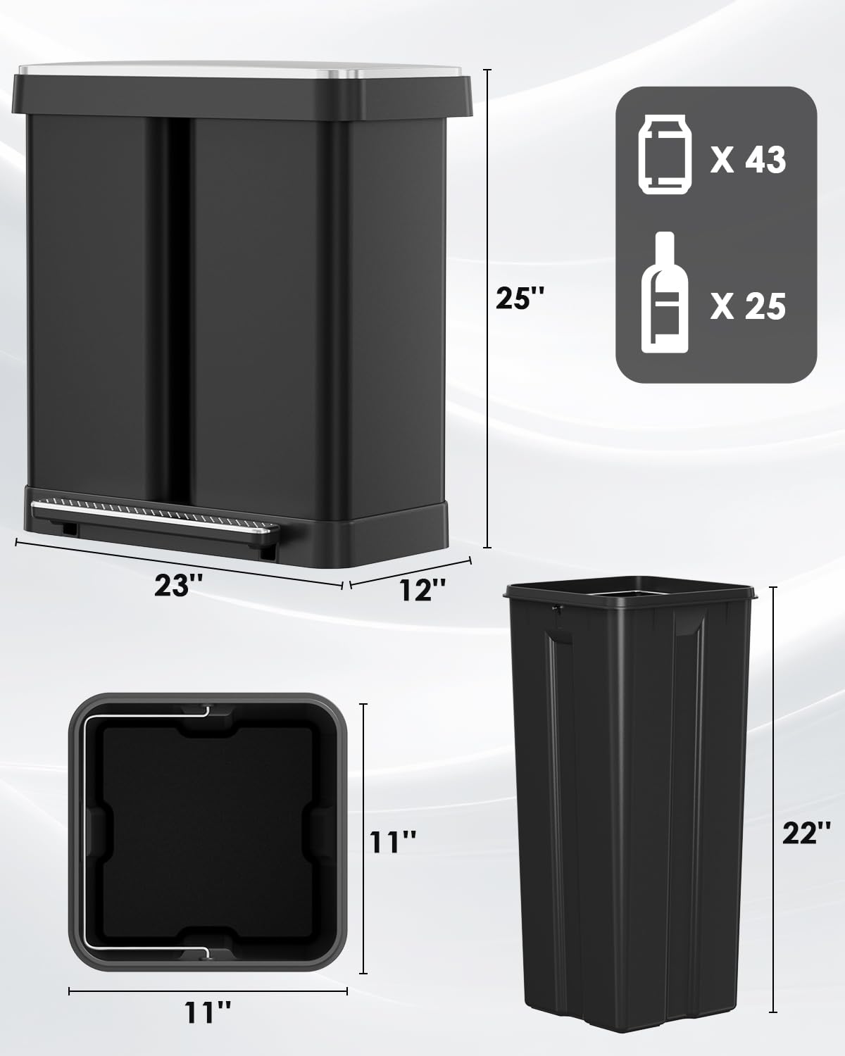 Arlopu 16 Gallon Dual Trash Can, 60L(2x30L) Stainless Steel Kitchen Garbage Can, Step-on Classified Recycle Garbage Bin with Removable Inner Buckets, for Kitchen, Living Room, Office (Black)