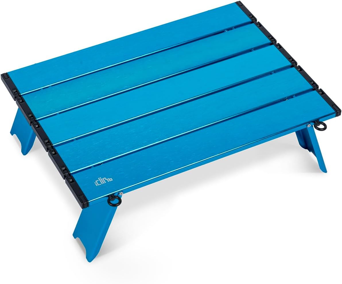 iClimb Ultralight Compact Mini Beach Picnic Folding Alu. Table with Carry Bag, Two Size (Blue - S)
