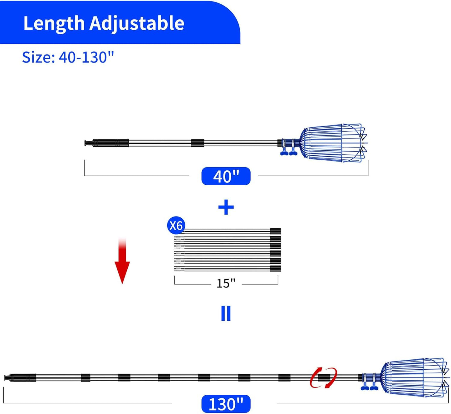 Fruit Picker Pole with Basket Segmented Fruit Picker Pole Tool for Apple Avocado Cherry Lemon Mango Orange Peach Picking(40-130")