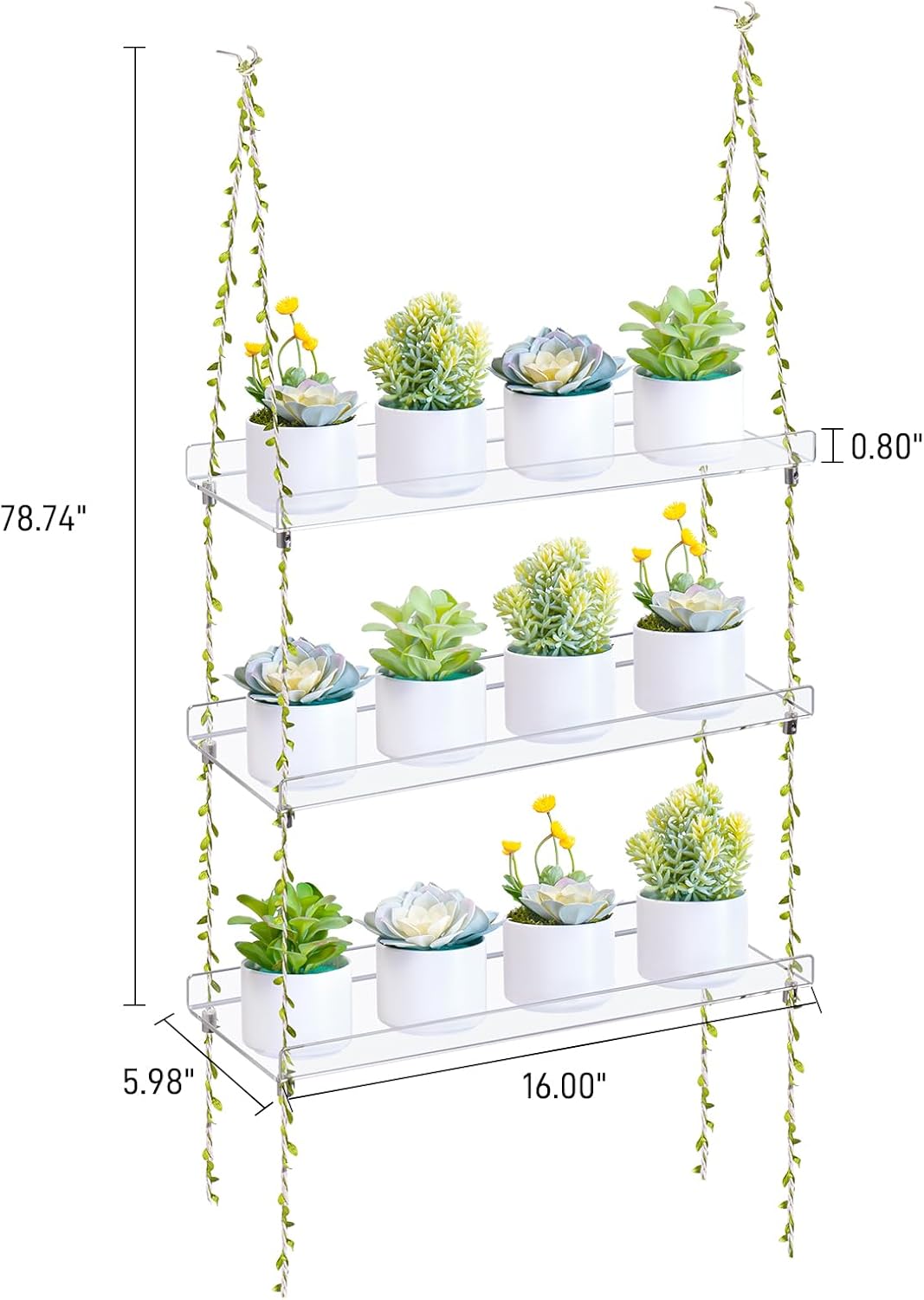 Sumerflos Acrylic Window Boxes Plant Shelves 3 Tier - Clear Hanging Shelf Indoor Jute Twine Adjustable Plant Holder for Window Wall Living Room Balcony Natural