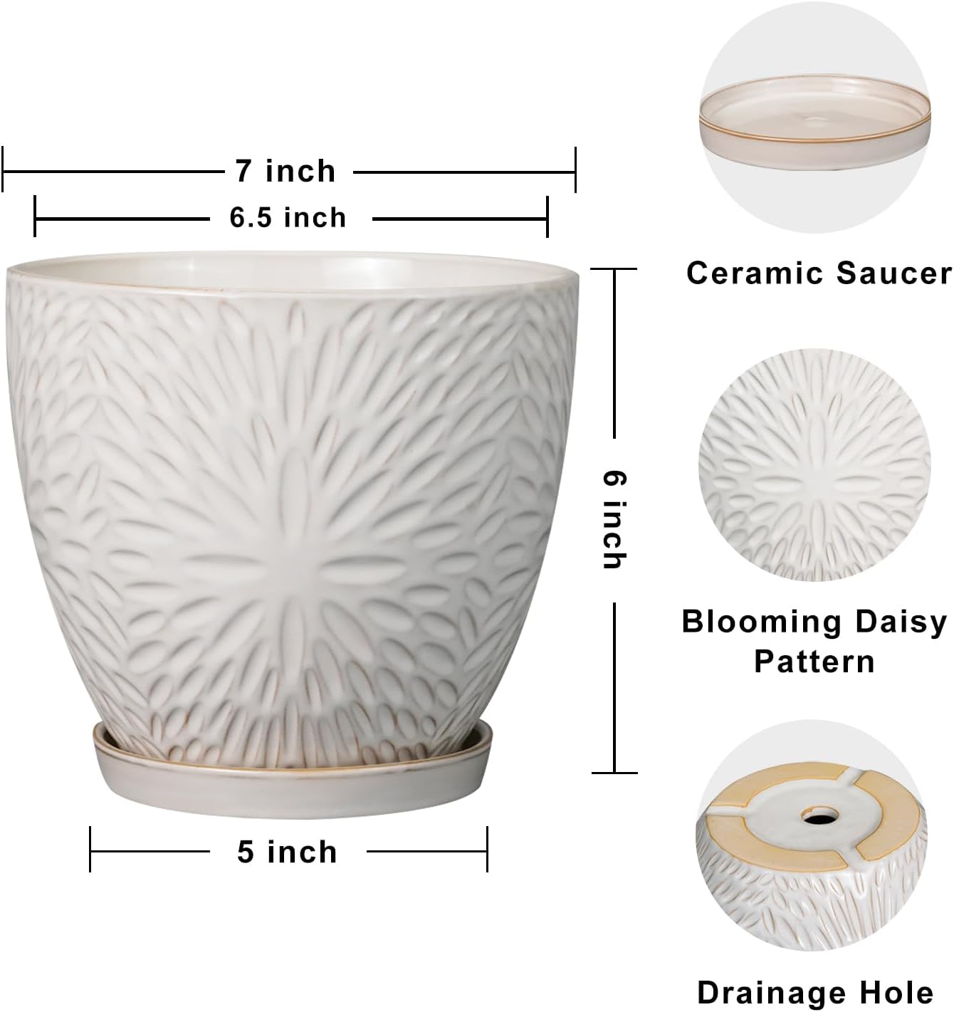 G EPGardening 7 Inch Plant Pot for Indoor Plants Outdoor Round Ceramic Planter Decorative Flower Pot with Drainage Hole and Saucer White