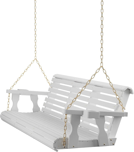 Amish Casual 6 Foot Roll Back Porch Swing with Cup Holders in Semi-Solid White Stain - Amish Made in The USA from Treated Pine Heavy Duty 700 Lb. Weight Capacity