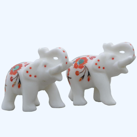 Marble Inlay Elephant Statue 4" Inch (2 Piece) Hakik Stone Inlay Work Semi Precious Stone - Hand Carved Artistic Sculpture Perfect for Home & Office Decor Elegant Decor for Any Space