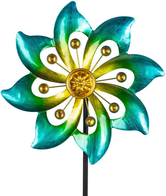 DREAMYSOUL Metal Garden Pinwheels, 9.6" Dia*40" H Kinetic Wind Spinners, Outdoor Spinners for Yard and Garden Art Lawn Decor (Cyan)