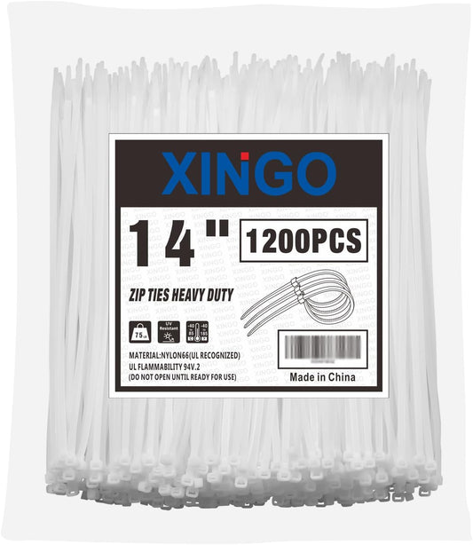 XINGO 14 Inch White Zip Ties 1200 PCS, 75 LBS Ultra Strong Tensile Strength, UV Resistant Cable Ties, Self-locking Plastic Ties for Indoor and Outdoor Use