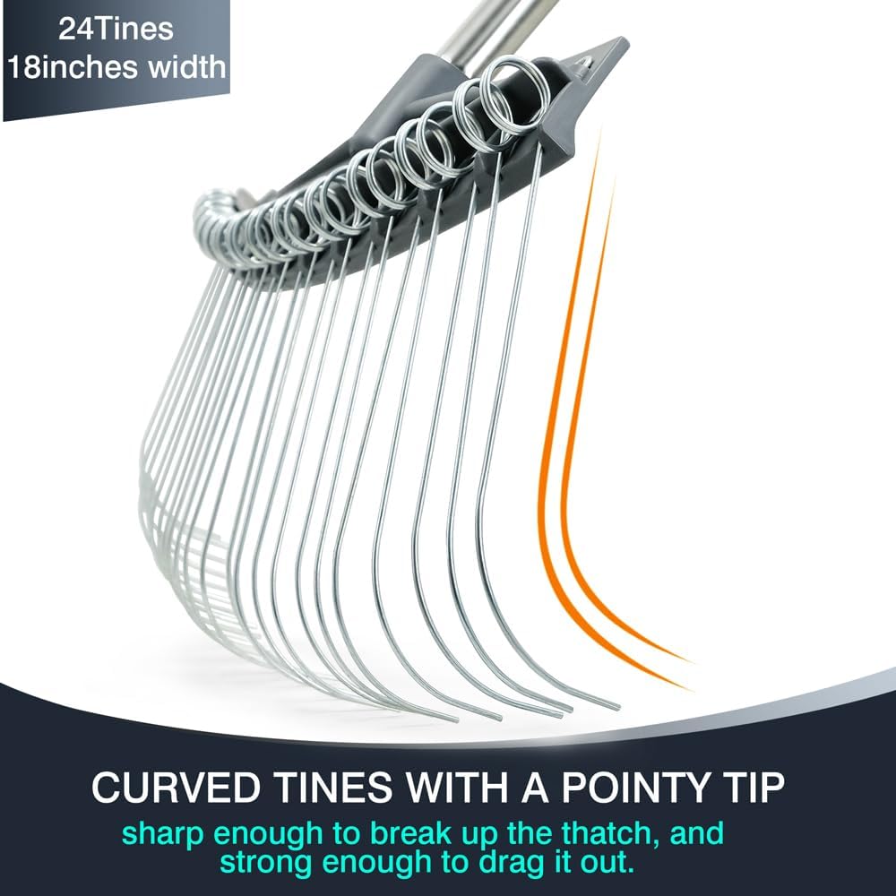 Colwelt Thatch Rake -24 Steel Tines, Dethatching Rakes with 54’’ Lightweight Stainless Steel Handle, Yard Dethatcher Rakes for Lawn(Pine Needles, Dead Grass, Thatch, Leaves, Mulch)