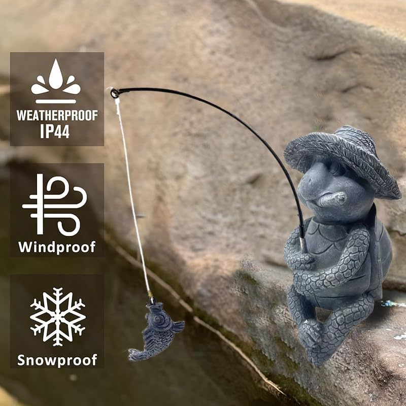 Tortoise Fishing Statue Garden Decor，9.8" Weatherproof Resin Tortoise Fishing Sculpture Decor for Fish Ponds, Koi Ponds, Waterfalls, Poolside Outdoor Gardens Resin Figurine for Indoor Outdoor Décor