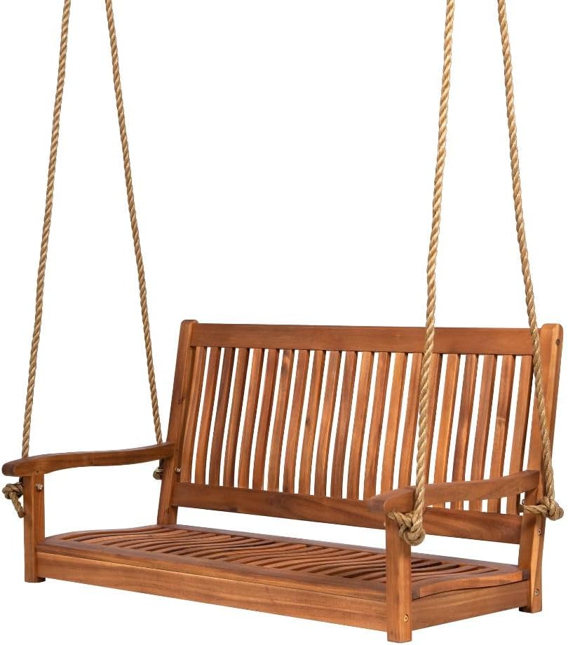 East Green Hayden 5 Foot Wooden Porch Swing in Natural Oil Finish - Outdoor Bench Swing Crafted from Naturally Weather-Resistant Acacia Wood