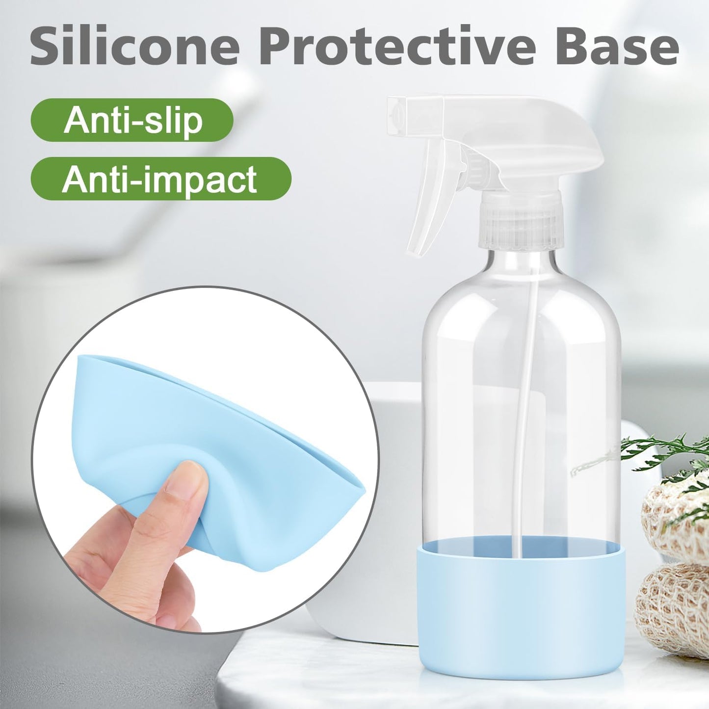 Glass Spray Bottles with Silicone Sleeve Protection, Empty 16 oz Refillable Containers, Reusable Spray Bottles with Adjustable Nozzle for Hair, Cleaning Solutions, 3 Pack Blue