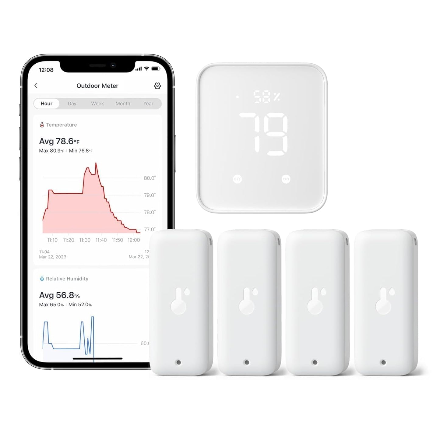 SwitchBot Wi-Fi Humidity Sensor 4 Pack with Hub 2 (Matter Enabled), IP65 Indoor Outdoor Thermometer Wireless, Humidity/Temperature/Dewpoint/VPD Sensor with Smart Alerts, Compatible with Alexa