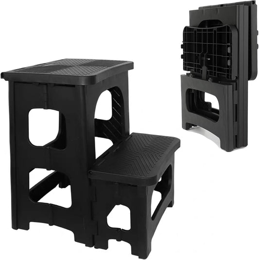 2-Step Folding Stool, Non-Slip Folding Step Stool Plastic Steps Ladder, Portable Bedside Step Stool, Hold up to 300 lbs, Lightweight & Foldable Step Ladder for Kitchen Toilet Office Home RV-Black