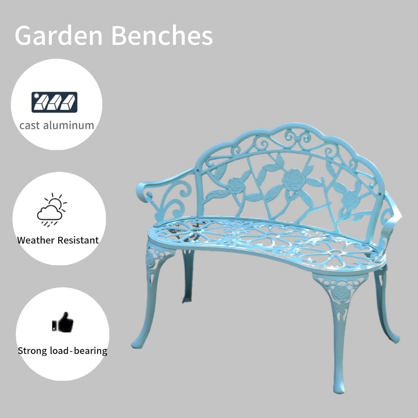 KAILI Garden Bench, Metal Aluminum Rose, Suitable for Garden Porch Park Front Porch Balcony Outdoor (Light Blue)