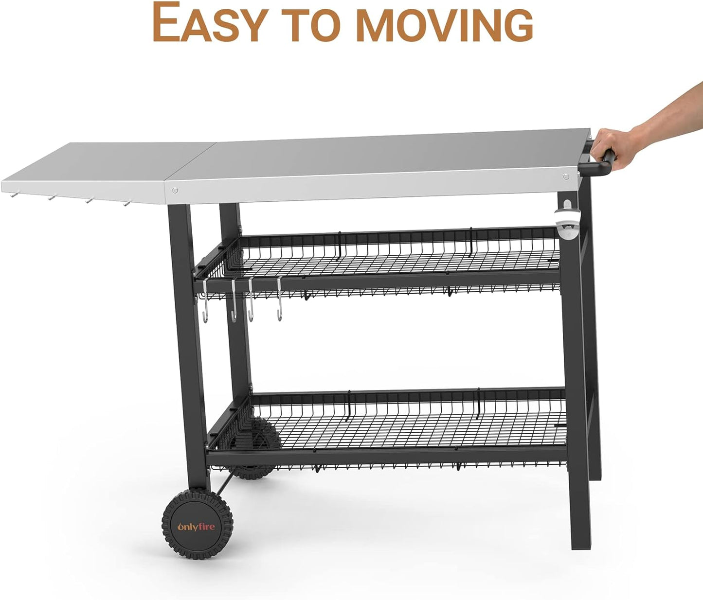 only fire Pizza Oven Table Cart for Ooni, Ninja Woodfire, Blackstone Griddle, Cuisinart Pizza Oven, Outdoor Stainless Steel Food Prep Table Movable Food Prep Cart Grill Stand with Storage Basket