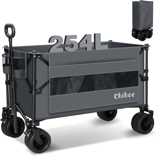 Chihee Garden Cart Collapsible Outdoor Utility Wagon Cart,Folding Beach Cart Oversized Capacity 254L,Heavy Duty Portable Wagon All Terrain Wheels Oversized Side Pocket 2 Drink Holders for Camping