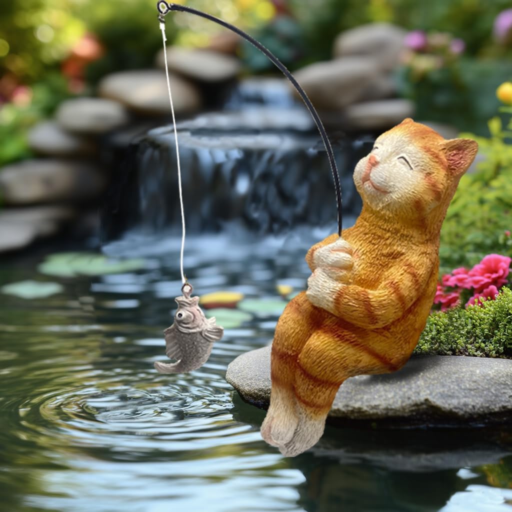 Cat Fishing Statue Garden Decor – 9.8" Weatherproof Resin Cat Fishing Sculpture Decor for Fish Ponds, Koi Ponds, Waterfalls, Poolside & Outdoor Gardens– Resin Figurine for Indoor & Outdoor Décor