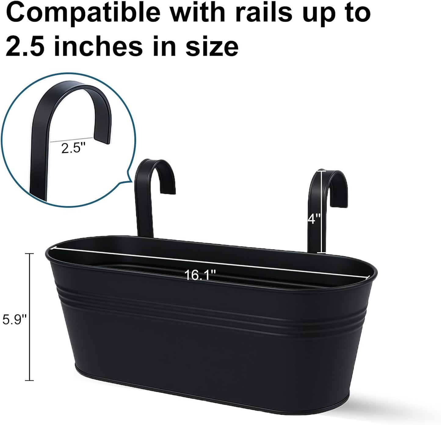 Balcony Planters 16 Inch Railing Hanging Metal Planters with Hooks for Outdoor Plants Flower Boxes for Fence Patio Deck 3 PCS(Black)