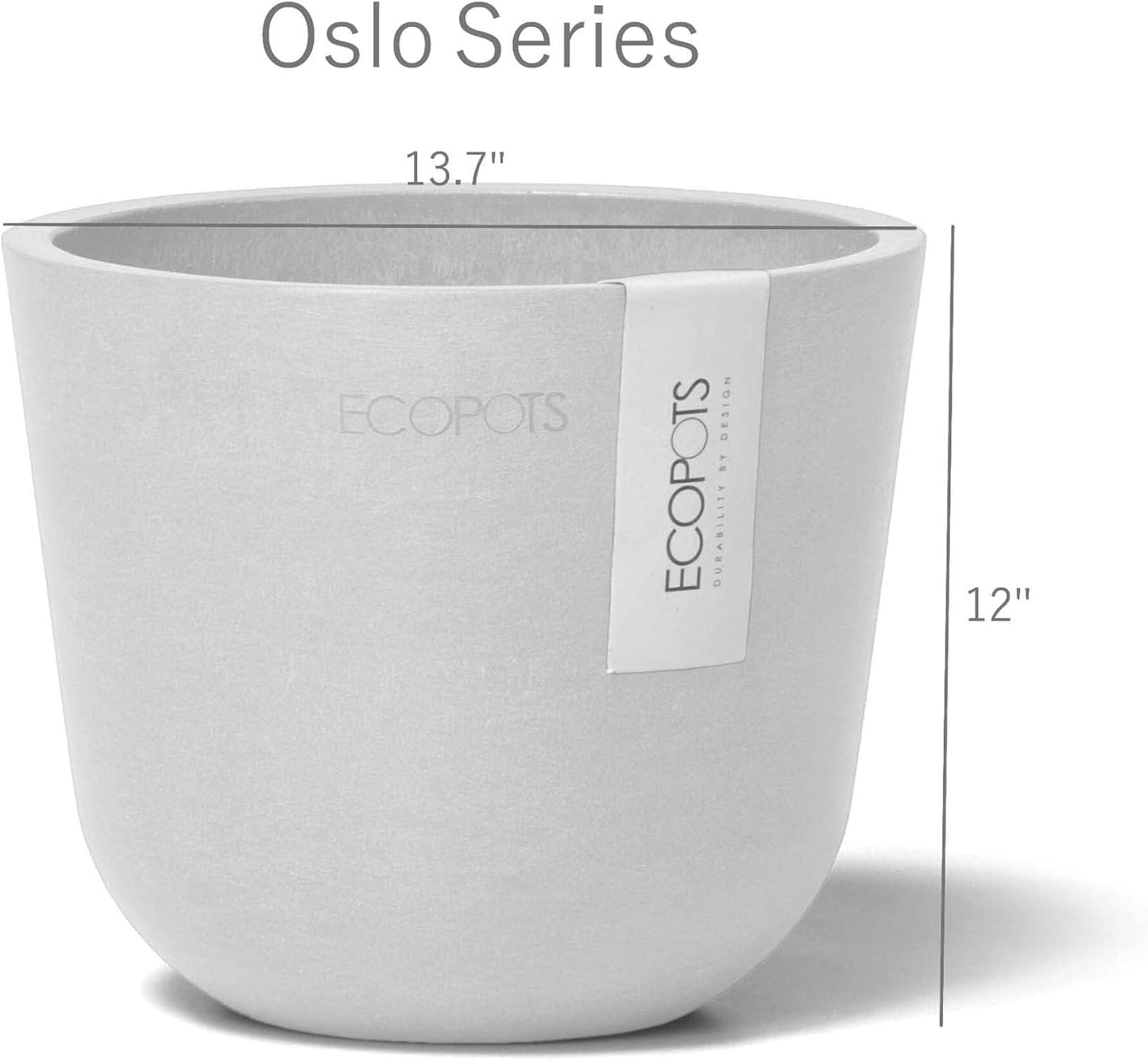 Ecopots Oslo Durable Modern Round Indoor/Outdoor Recycled-Based Composite Flower Pot Planter, White Grey, 14"