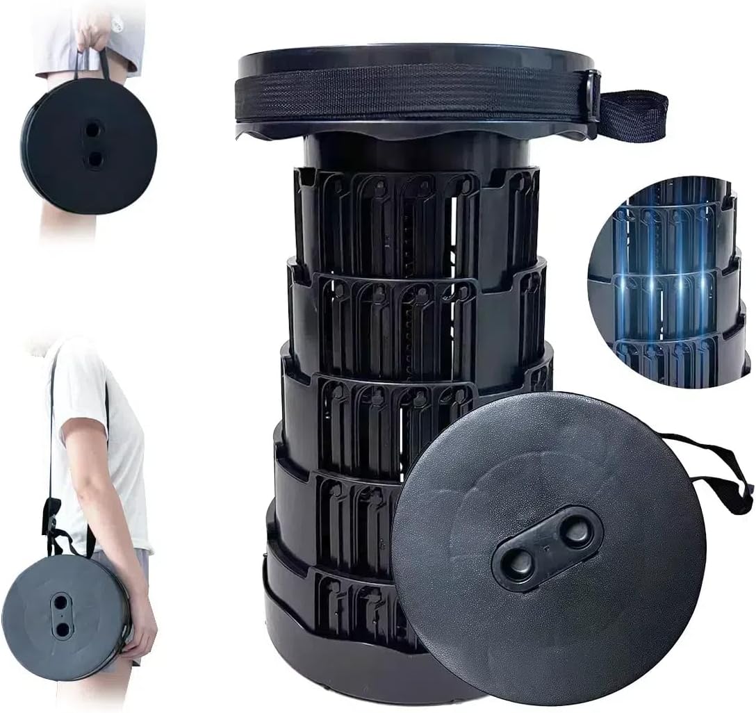 Portable Collapsible Stool - 4 Pillars Large Weight Capacity Travel-Friendly Folding Stool, Easy to Use Lightweight Telescoping Seat for Outdoor Activities, Camping & Hiking (Black)