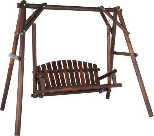 VINGLI Heavy Duty 880 LBS Wooden Patio Porch Swing with A-Frame Stand, Hanging Swing Bench Chair with Frame for Outside, Yard, Garden (Rustic Sequoia Dusk)