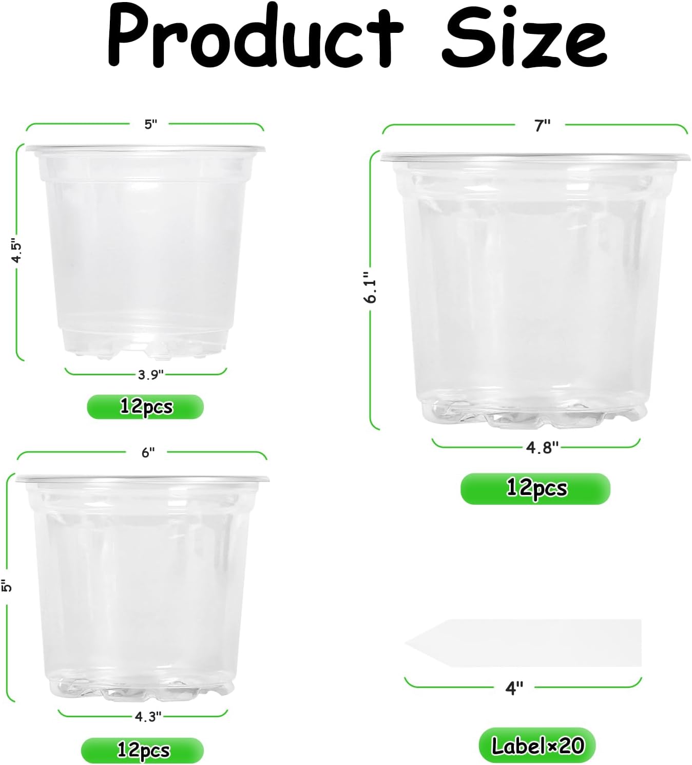 36 Pack5/6/7Inch Clear Nursery Pots with Drainage Hole,Variety Sizes Seed Starting Pots Transparent Plastic Plant Pots for Plants Transparency with 20 Plant Labels
