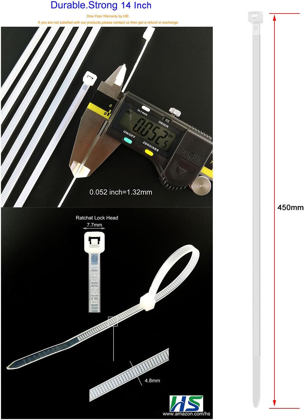 HS 14 Inch Zip Ties White 50 Pounds Tensile Strength Wide Straps (100 Pack) Nylon PA66,Self-Locking Long Electrical Plastic Cable Wire Zipties for Outdoor Use,Multi Purpose