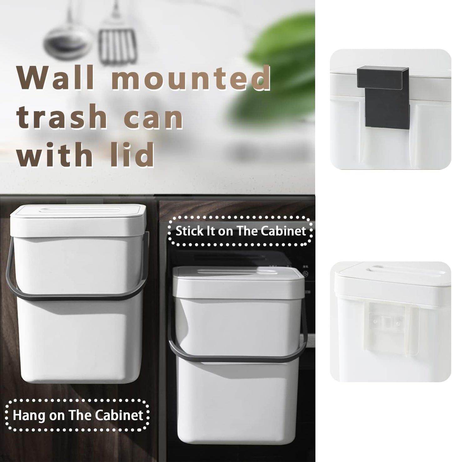 Kitchen Compost Bin Indoor for Counter Top,Hanging Small Trash Can with Lid,Food Waste Bin,Mountable Compost Busket 1.3 Gal/5 L Series,White