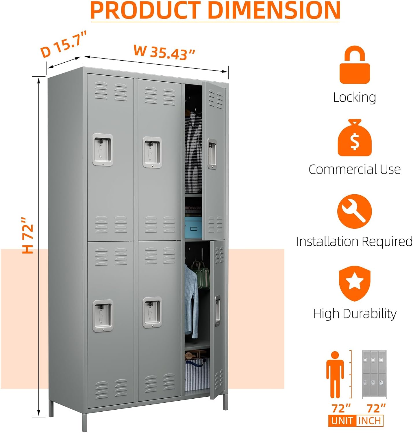 6 Doors Metal Lockers for Employees with 18 Hooks for Offices School Gyms Home,Assembly Required,Light Gray