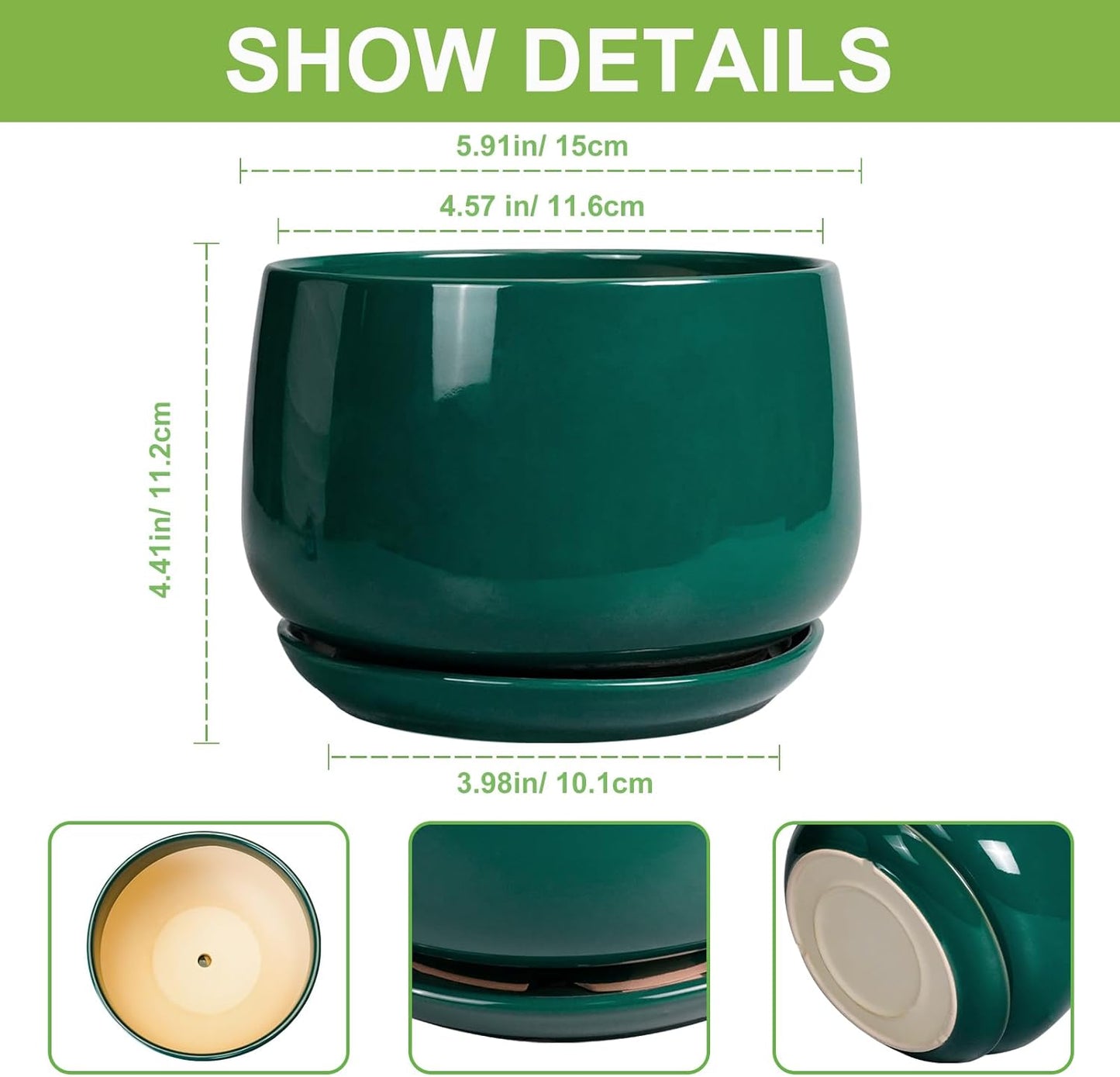 G EPGardening 6 Inch Plant Pot - Ceramic Planter for Indoor Plants, Round Planter with Drainage and Ceramic Tray, Flower Pots for Outdoor, Modern House Decor, Gift for Men Women, Green