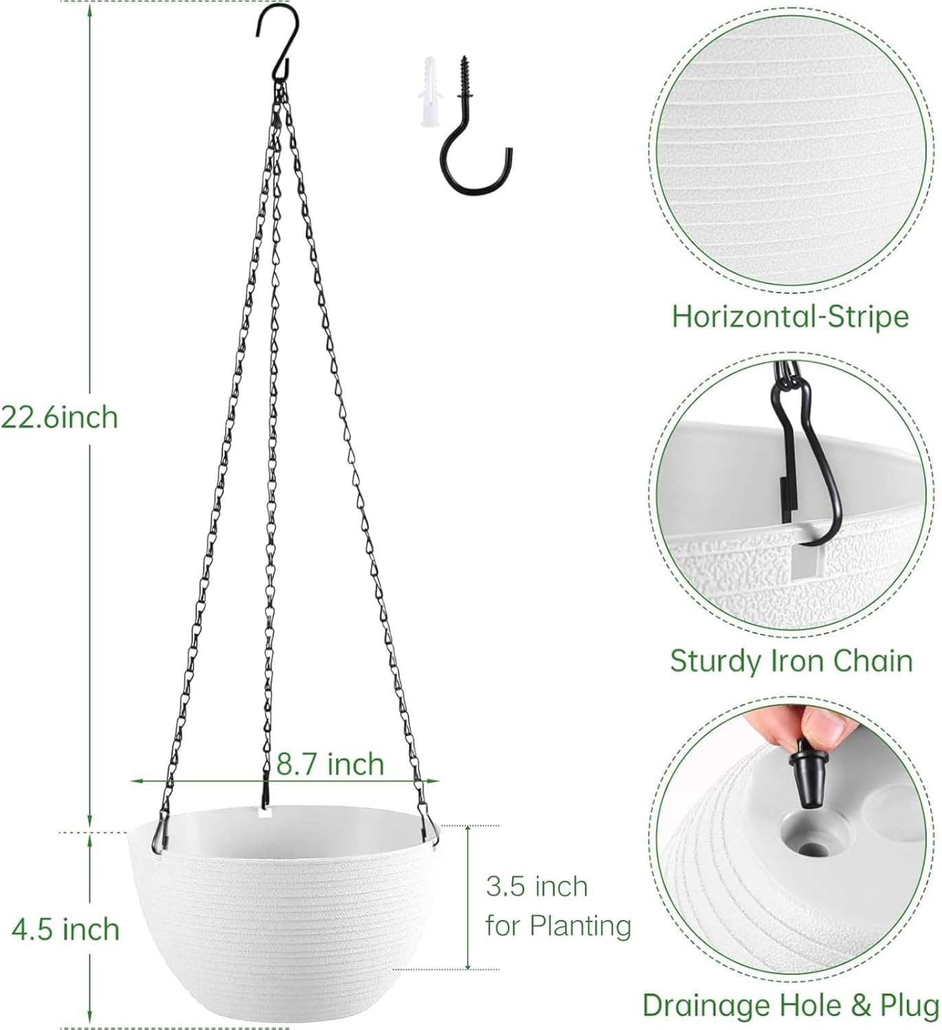 Hanging Planters for Indoor Outdoor Plants, Set of 2 Self Watering Hanging Pots with Drainage Hole & Plug and 20" Chain & Hooks